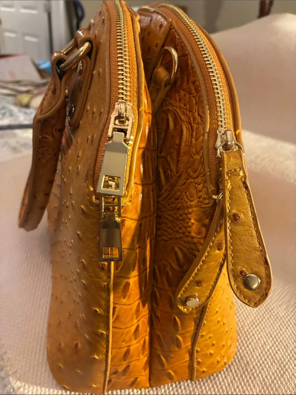 Unbranded Classic Textured Dome Satchel in Cognac Brown-faux ostrich leather